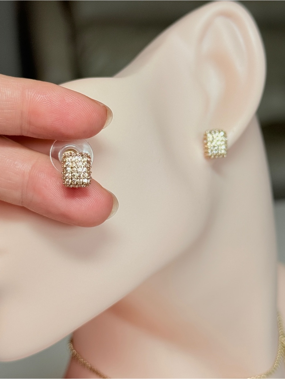 Gold Pave Square Stud Earrings - Picture 5 of 11